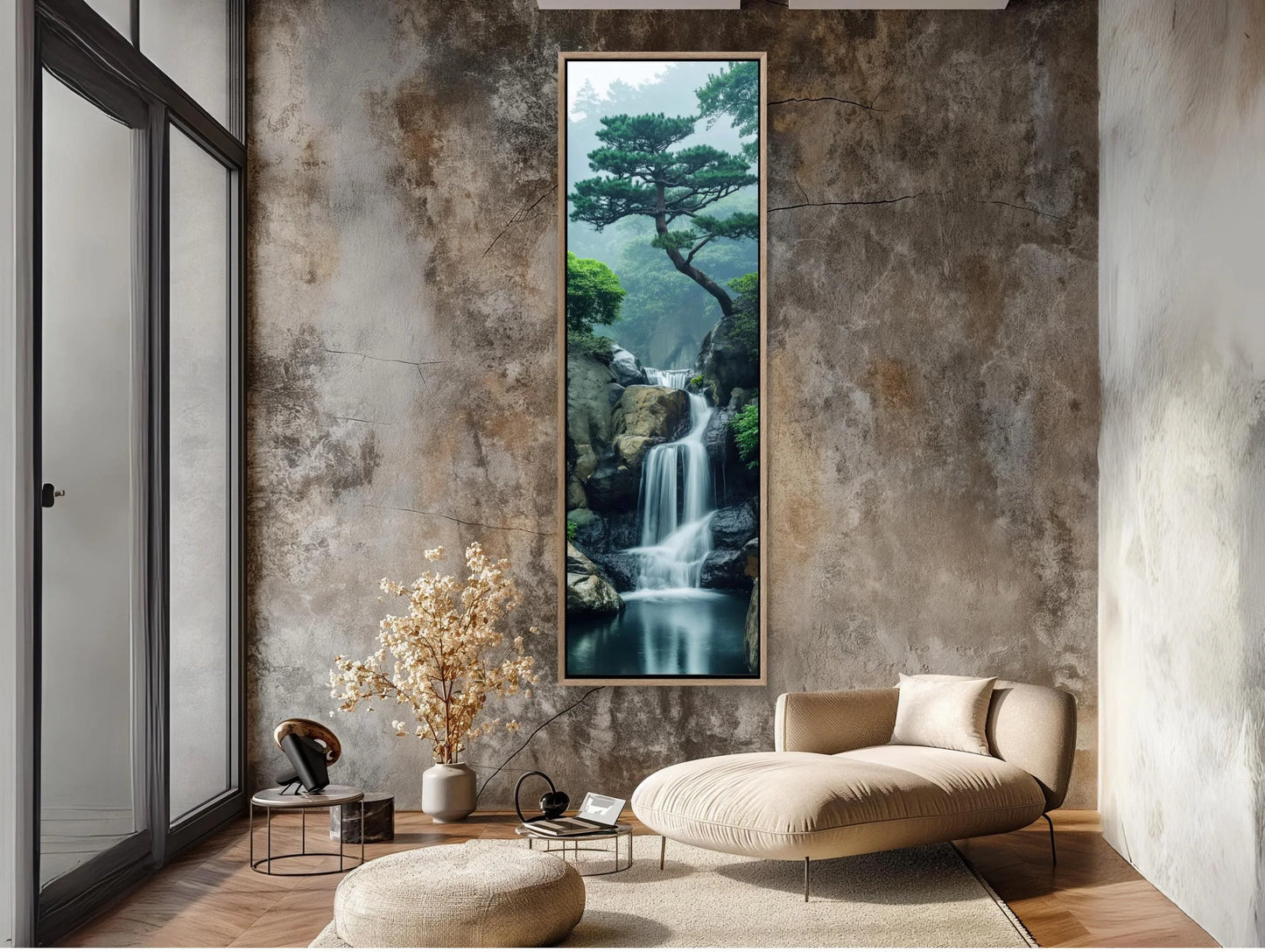 Zen Waterfall Long Vertical Canvas, Tall Narrow Tranquil Wall Art, Framed Nature Decor for Meditation Room or Living Room, Ready to Hang Wall Art – Canvas Print