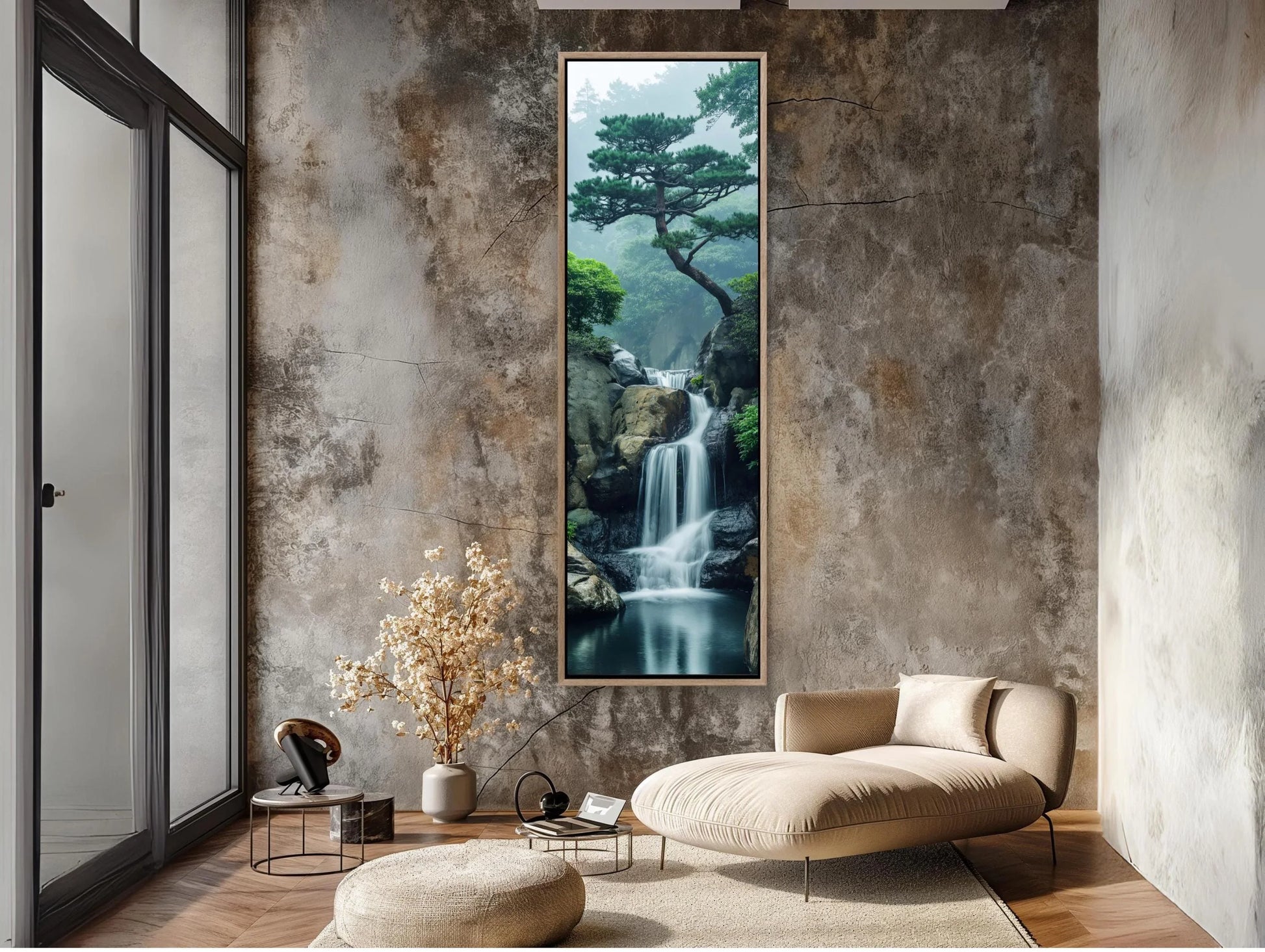Zen Waterfall Long Vertical Canvas, Tall Narrow Tranquil Wall Art, Framed Nature Decor for Meditation Room or Living Room, Ready to Hang Wall Art – Canvas Print
