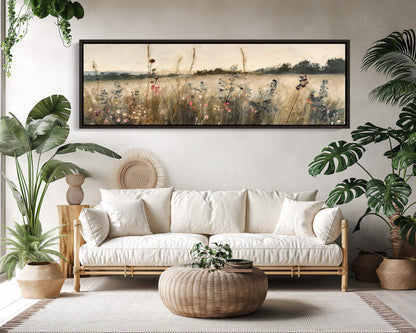 Muted Vintage Wildflowers Field Oil Painting, Long Horizontal Extra Large Canvas Art, Panoramic Rustic Wall Decor for Above the Bed Bedroom Wall Art – Canvas Print