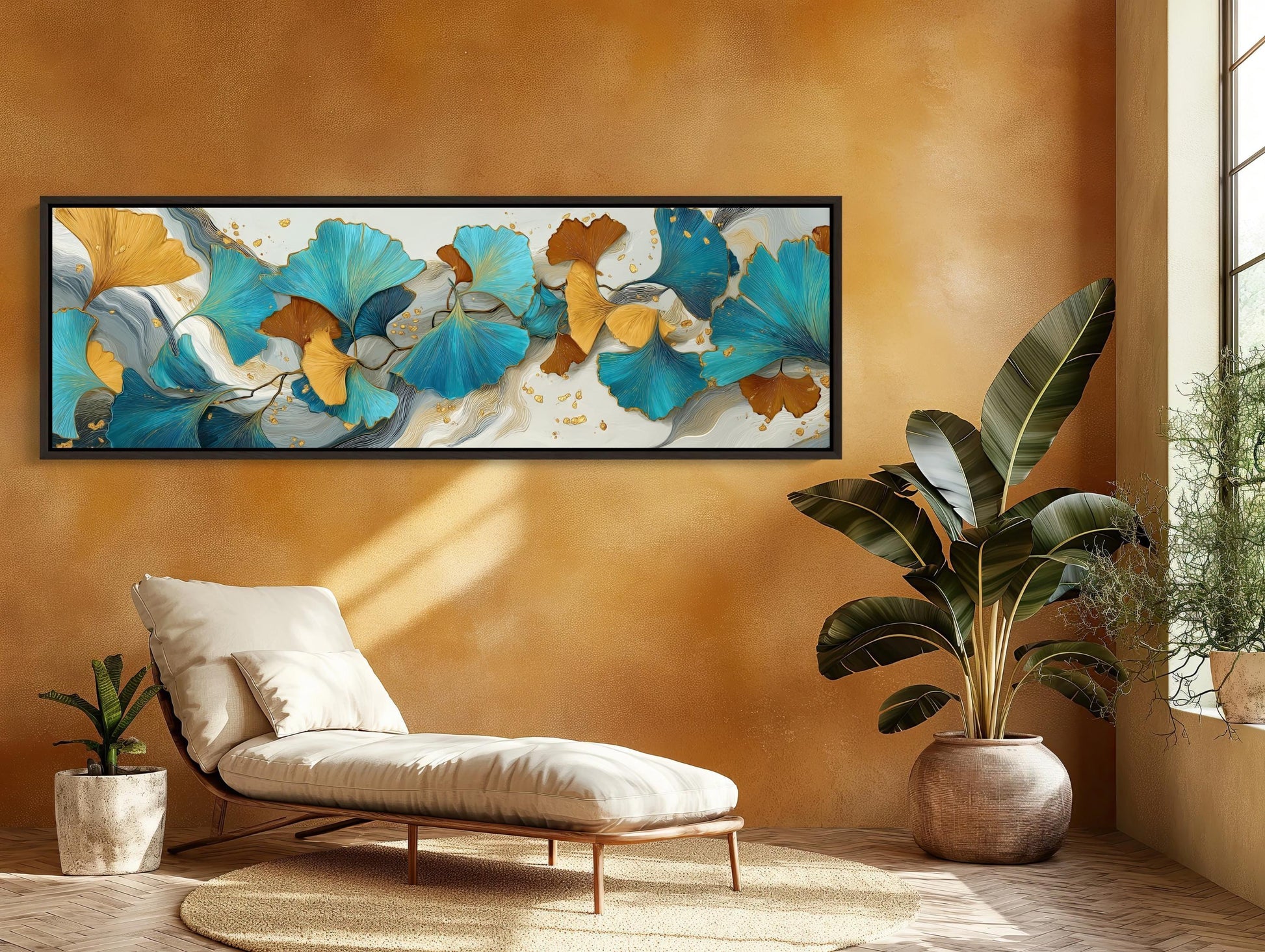 Ginkgo Leaf Abstract Canvas Wall Art Extra Large Panoramic Horizontal Botanical Print For Elegant Contemporary Room Decor Wall Art – Canvas Print