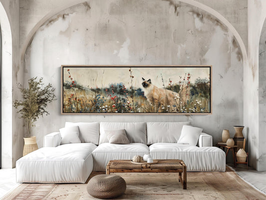Ragdoll Cat in Wildflowers Field Vintage Oil Painting, Large Horizontal Canvas Wall Art, Rustic Pastoral Decor for Bedroom or Living Room Wall Art – Canvas Print