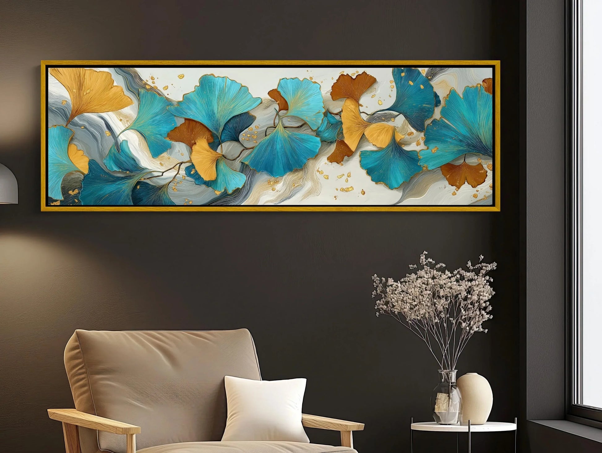 Ginkgo Leaf Abstract Canvas Wall Art Extra Large Panoramic Horizontal Botanical Print For Elegant Contemporary Room Decor Wall Art – Canvas Print