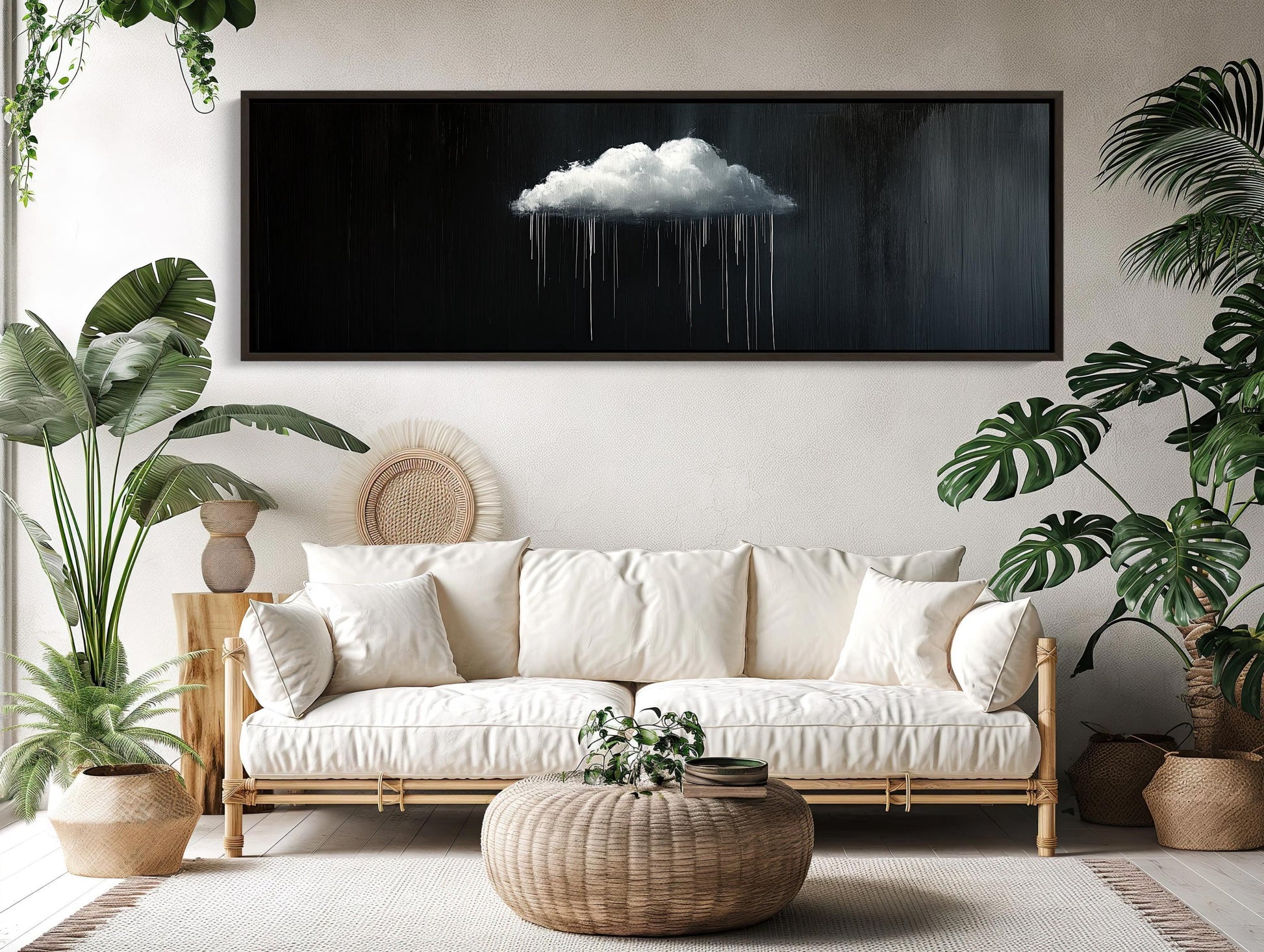 Minimalist Rain Cloud Print, Long Horizontal Extra Large Canvas Art, Black and White Modern Wall Decor for Moody Interiors Wall Art – Canvas Print