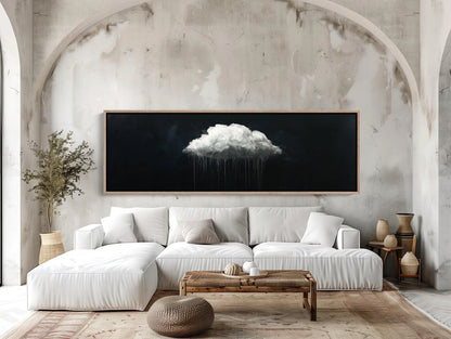 White cloud canvas art panoramic extra large long horizontal rain cloud painting modern minimal wall decor for bedroom or office space Wall Art – Canvas Print