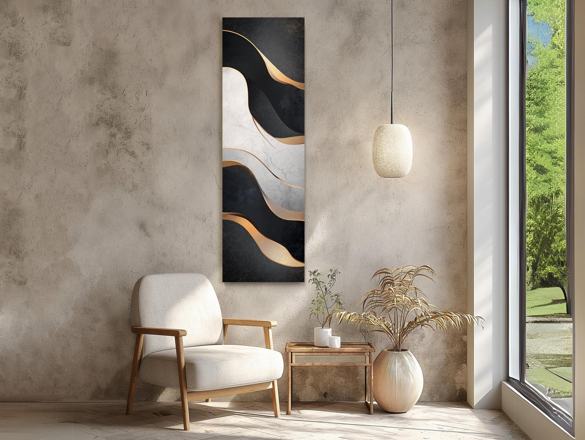 Muted Black and White with Gold Modern Design Vertical Canvas Print, Tall Narrow Abstract Wall Art for Bedroom or Office, Ready to Hang Wall Art – Canvas Print