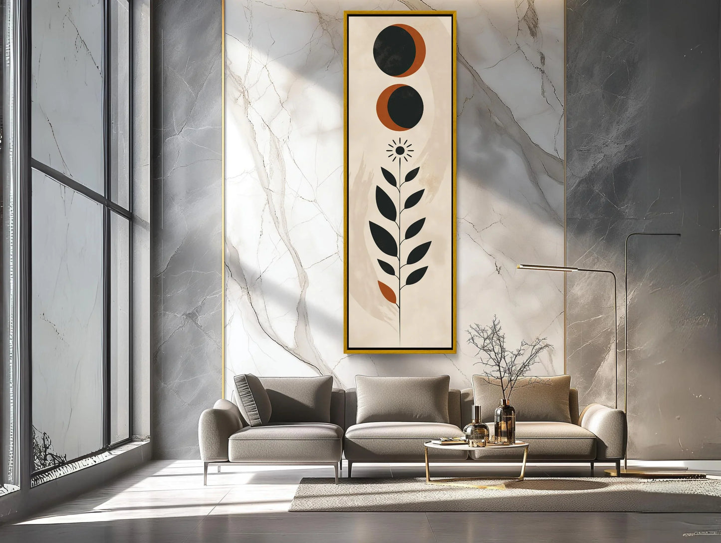 Moon and Leaves Minimalist Tall Narrow Canvas Art - Long Vertical Wall Decor - Modern Nature-Inspired Home Decor, Ready to Hang Wall Art – Canvas Print