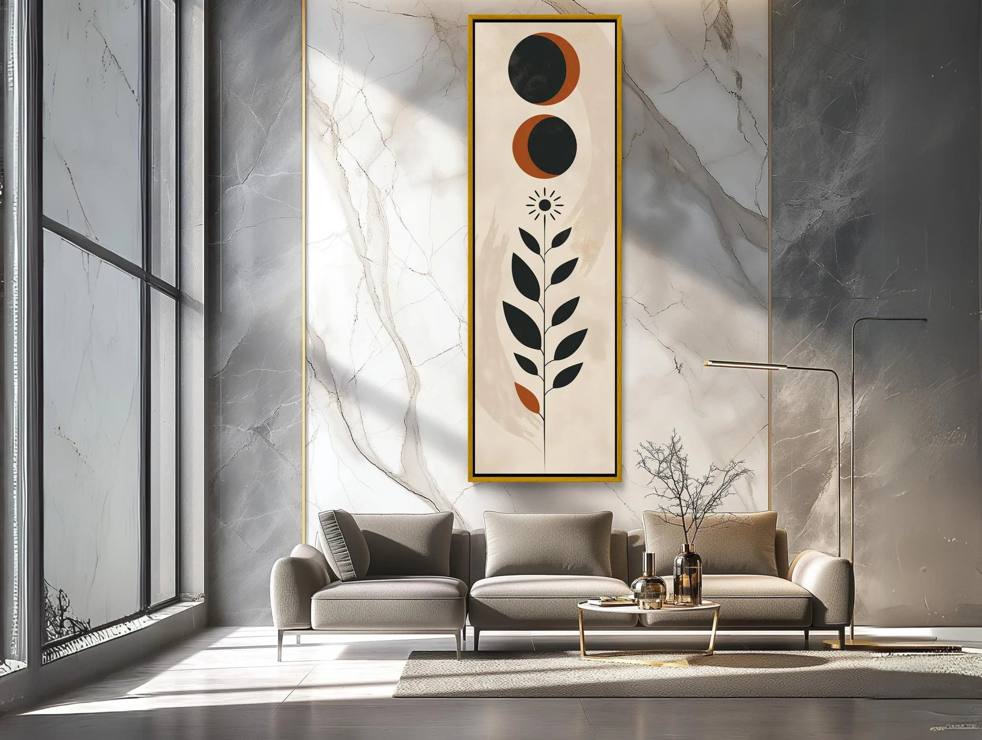 Moon and Leaves Minimalist Tall Narrow Canvas Art - Long Vertical Wall Decor - Modern Nature-Inspired Home Decor, Ready to Hang Wall Art – Canvas Print