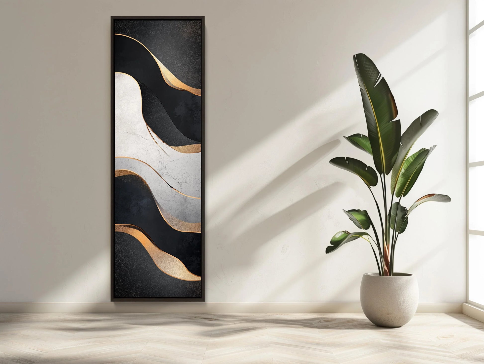 Muted Black and White with Gold Modern Design Vertical Canvas Print, Tall Narrow Abstract Wall Art for Bedroom or Office, Ready to Hang Wall Art – Canvas Print