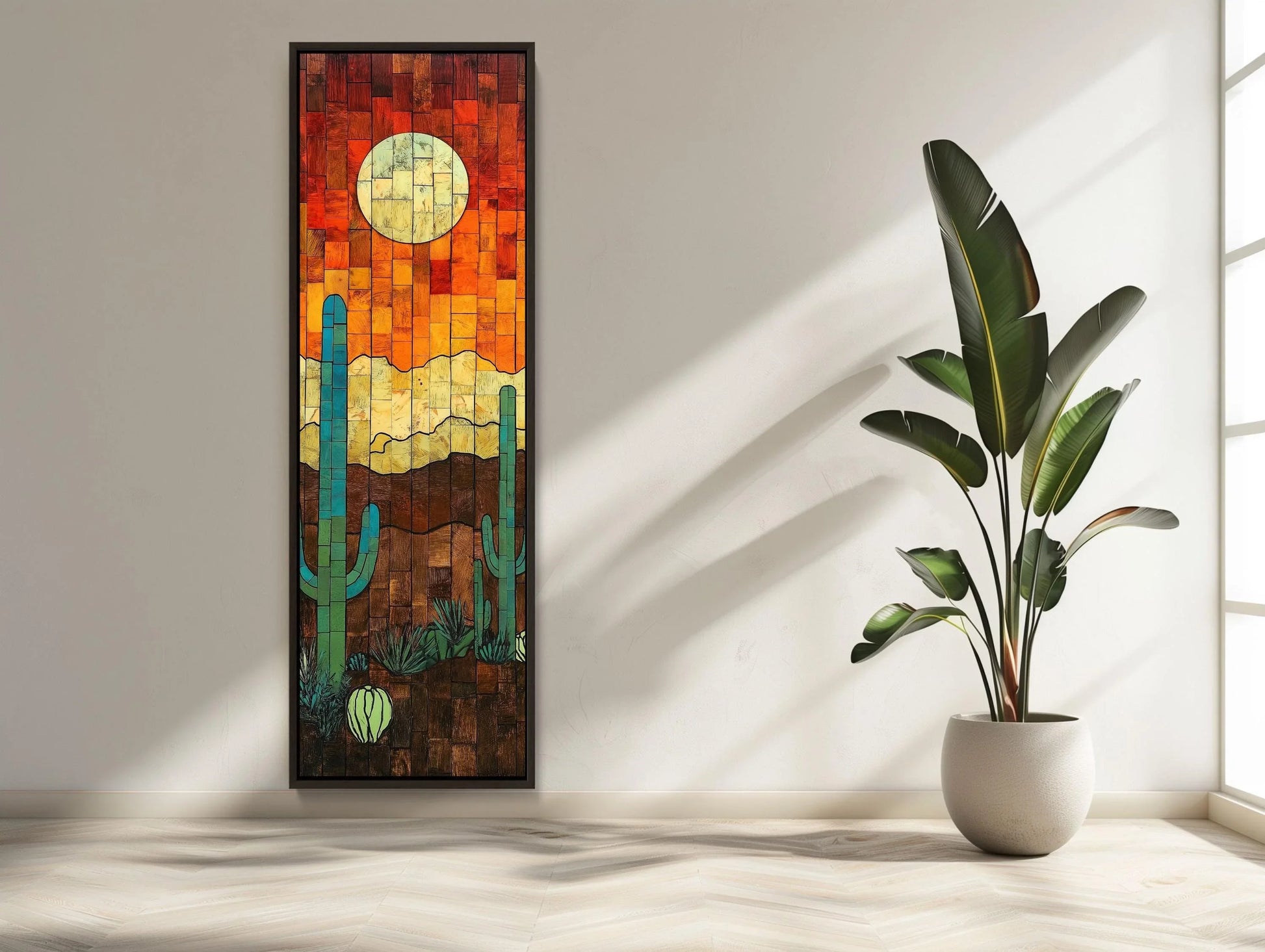 Sunset and Cactus Wood Wall Art - Rustic Desert Sunset Painting - Extra Large Tall and Narrow Western Decor - Southwestern Landscape Wall Art – Canvas Print