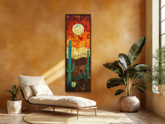 Sunset and Cactus Wood Wall Art - Rustic Desert Sunset Painting - Extra Large Tall and Narrow Western Decor - Southwestern Landscape Wall Art – Canvas Print