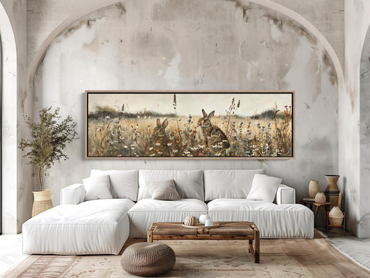 Wild Rabbits in Wildflowers Field Vintage Oil Painting, Large Horizontal Canvas Art, Rustic Countryside Wall Decor for Living Room, Bedroom Wall Art – Canvas Print