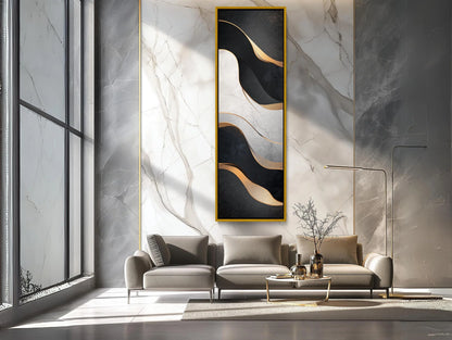 Muted Black and White with Gold Modern Design Vertical Canvas Print, Tall Narrow Abstract Wall Art for Bedroom or Office, Ready to Hang Wall Art – Canvas Print