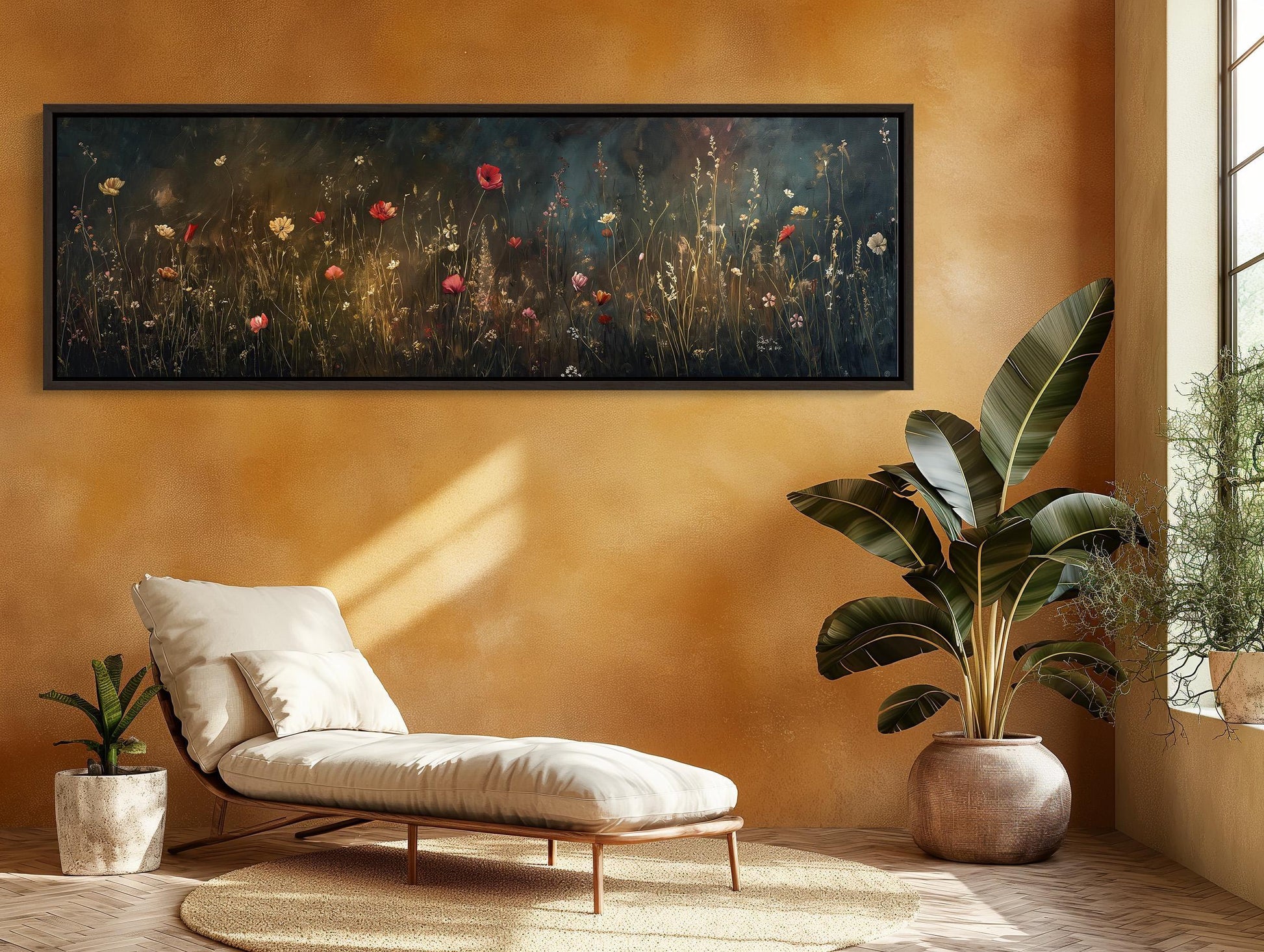 Wildflower Meadow Field Oil Painting - Long Horizontal Canvas Art - Panoramic Dark Academia Wall Decor for Above Bed, Bedroom, Living Room Wall Art – Canvas Print
