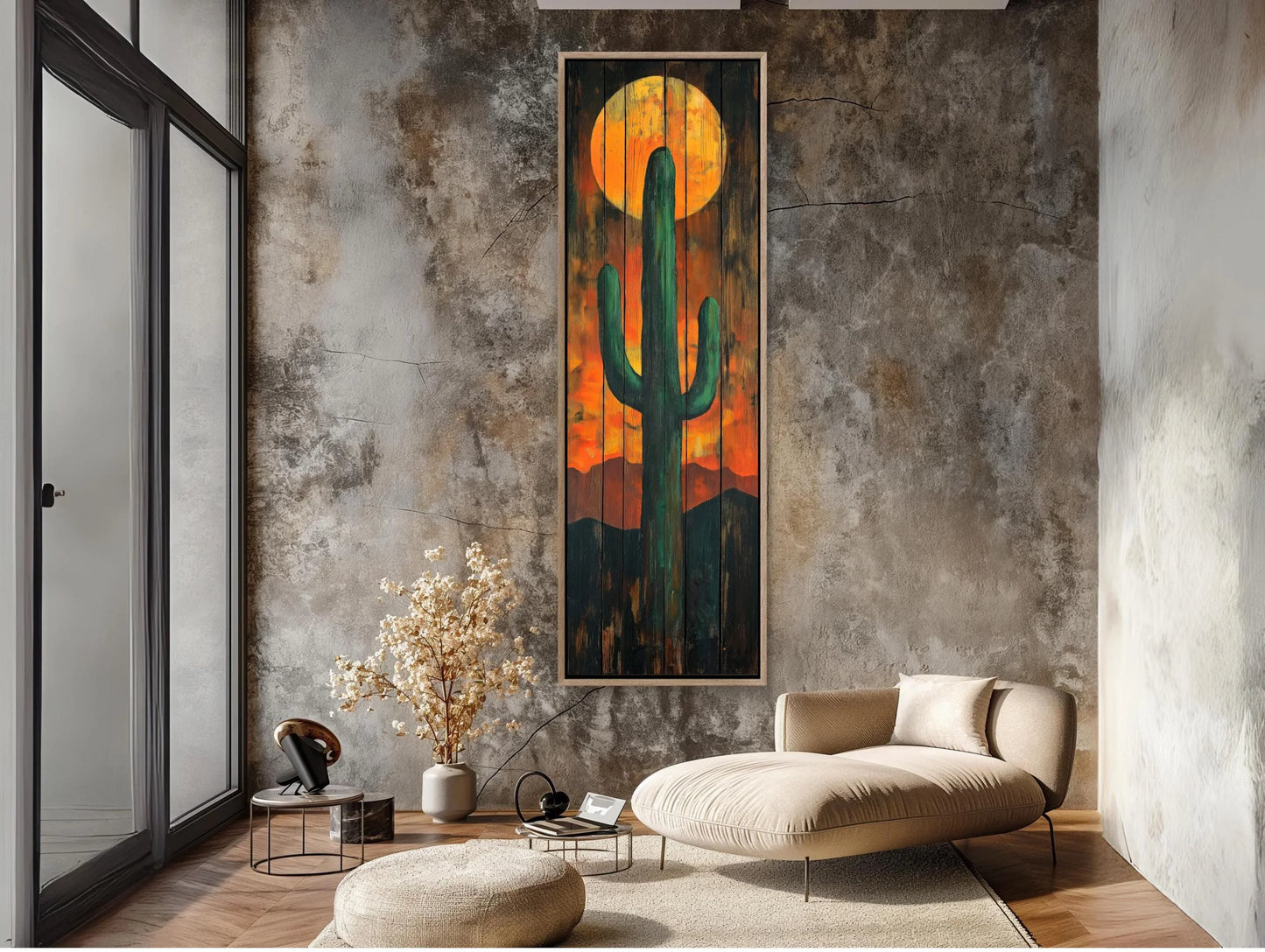 Tall and Narrow Cactus Wood Wall Art - Rustic Desert Sunset Painting - Extra Large Vertical Canvas - Western Southwestern Landscape Decor Wall Art – Canvas Print