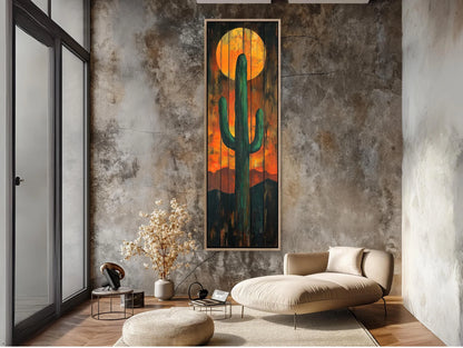 Tall and Narrow Cactus Wood Wall Art - Rustic Desert Sunset Painting - Extra Large Vertical Canvas - Western Southwestern Landscape Decor Wall Art – Canvas Print
