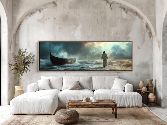 Jesus Walking on the Water Panoramic Canvas Print, Framed Religious Wall Art for Living Room or Prayer Room, Christian Decor, Ready to Hang Wall Art – Canvas Print