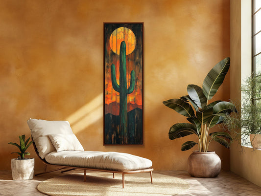 Tall and Narrow Cactus Wood Wall Art - Rustic Desert Sunset Painting - Extra Large Vertical Canvas - Western Southwestern Landscape Decor Wall Art – Canvas Print
