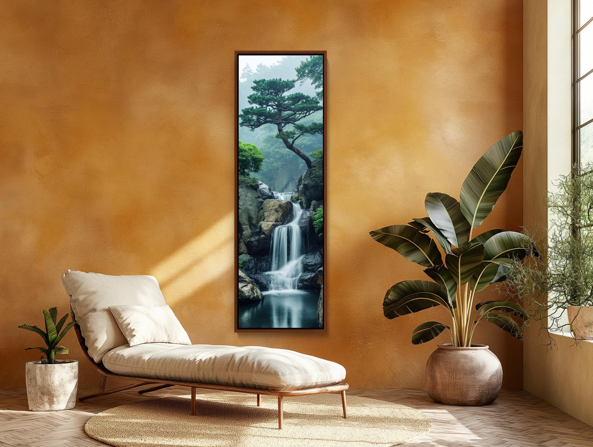 Zen Waterfall Long Vertical Canvas, Tall Narrow Tranquil Wall Art, Framed Nature Decor for Meditation Room or Living Room, Ready to Hang Wall Art – Canvas Print
