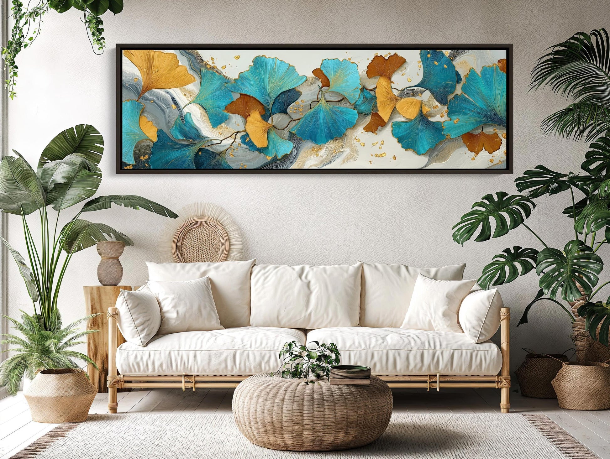 Ginkgo Leaf Abstract Canvas Wall Art Extra Large Panoramic Horizontal Botanical Print For Elegant Contemporary Room Decor Wall Art – Canvas Print