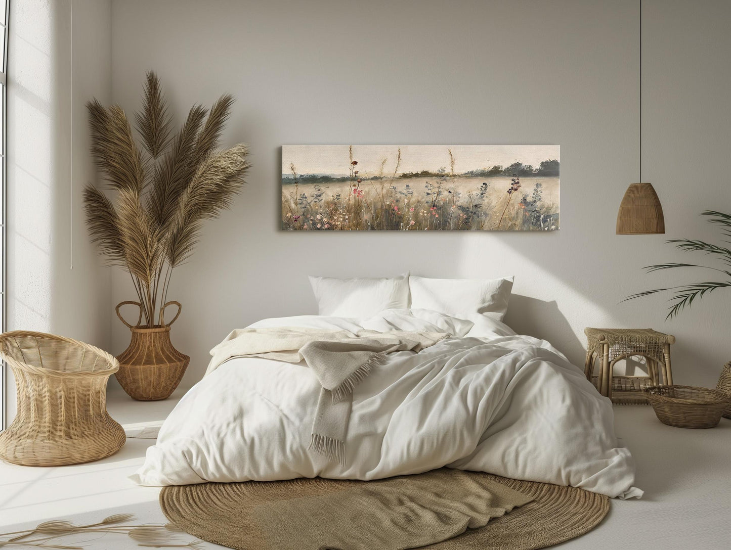 Muted Vintage Wildflowers Field Oil Painting, Long Horizontal Extra Large Canvas Art, Panoramic Rustic Wall Decor for Above the Bed Bedroom Wall Art – Canvas Print