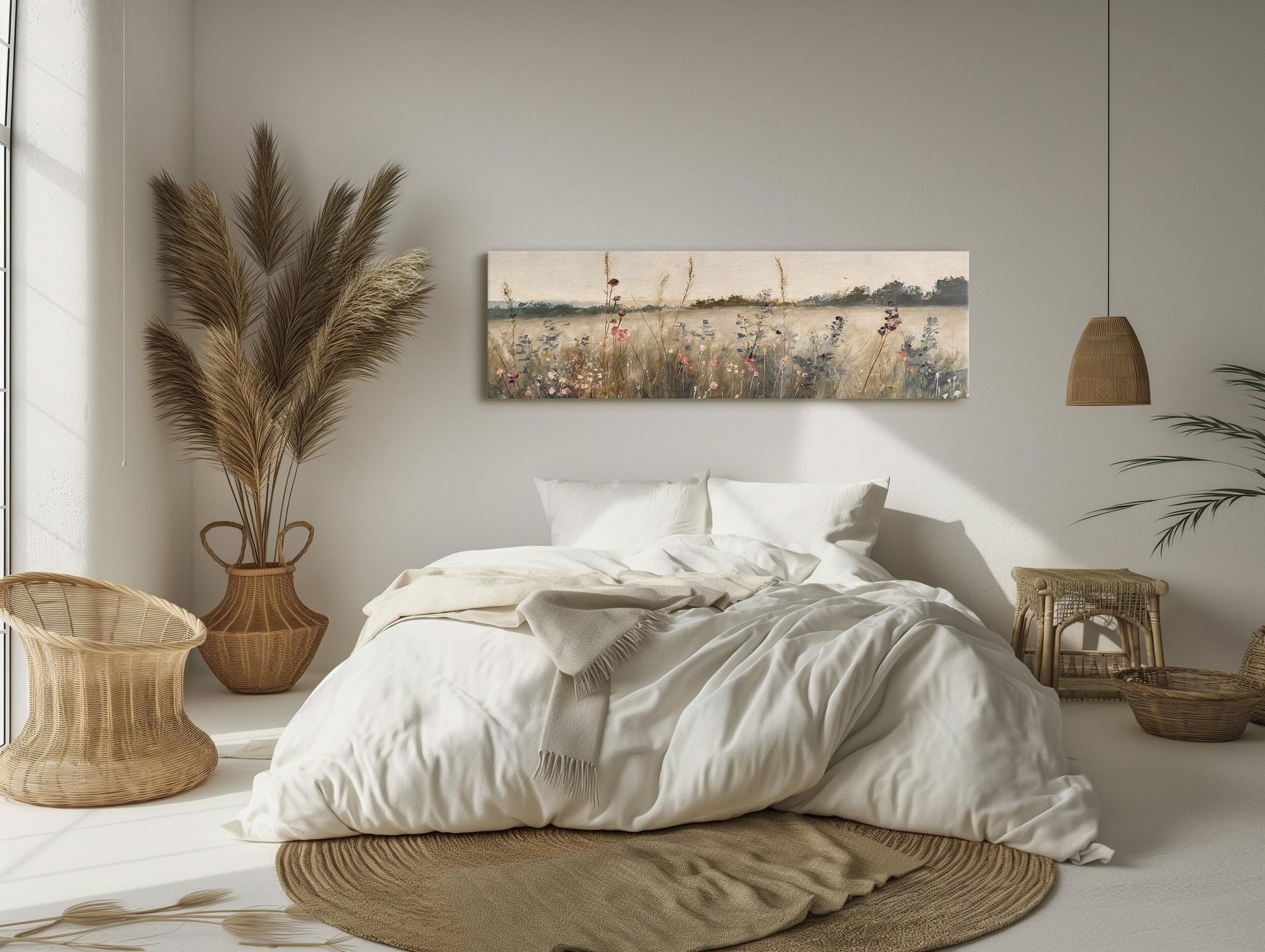 Muted Vintage Wildflowers Field Oil Painting, Long Horizontal Extra Large Canvas Art, Panoramic Rustic Wall Decor for Above the Bed Bedroom Wall Art – Canvas Print