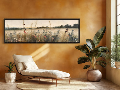Muted Vintage Wildflowers Field Oil Painting, Long Horizontal Extra Large Canvas Art, Panoramic Rustic Wall Decor for Above the Bed Bedroom Wall Art – Canvas Print