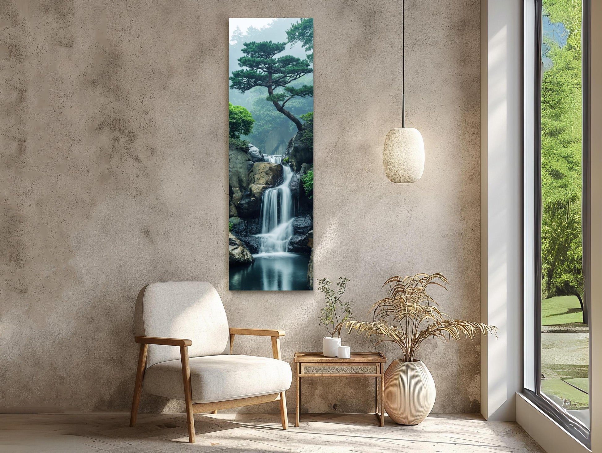 Zen Waterfall Long Vertical Canvas, Tall Narrow Tranquil Wall Art, Framed Nature Decor for Meditation Room or Living Room, Ready to Hang Wall Art – Canvas Print