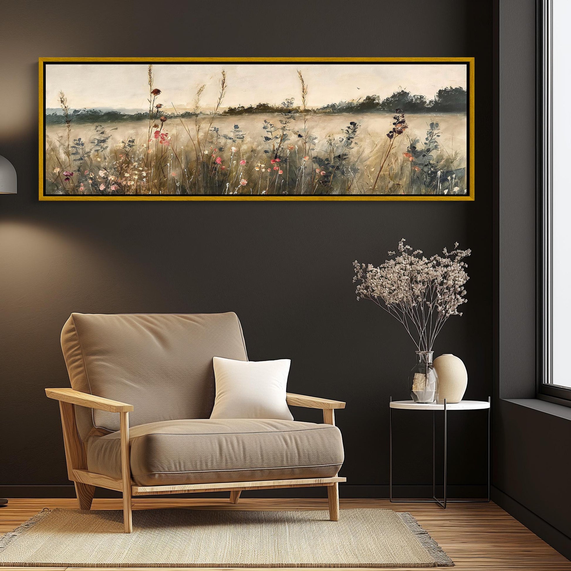 Muted Vintage Wildflowers Field Oil Painting, Long Horizontal Extra Large Canvas Art, Panoramic Rustic Wall Decor for Above the Bed Bedroom Wall Art – Canvas Print