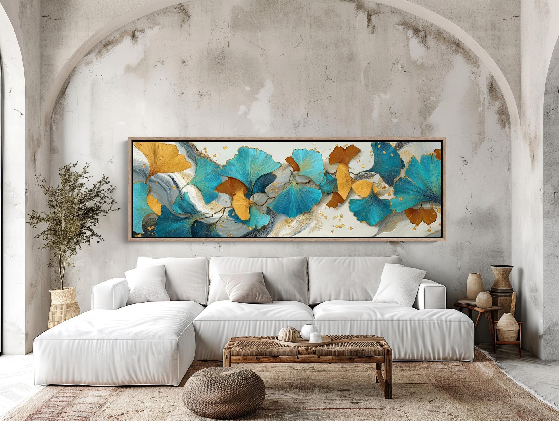 Ginkgo Leaf Abstract Canvas Wall Art Extra Large Panoramic Horizontal Botanical Print For Elegant Contemporary Room Decor Wall Art – Canvas Print