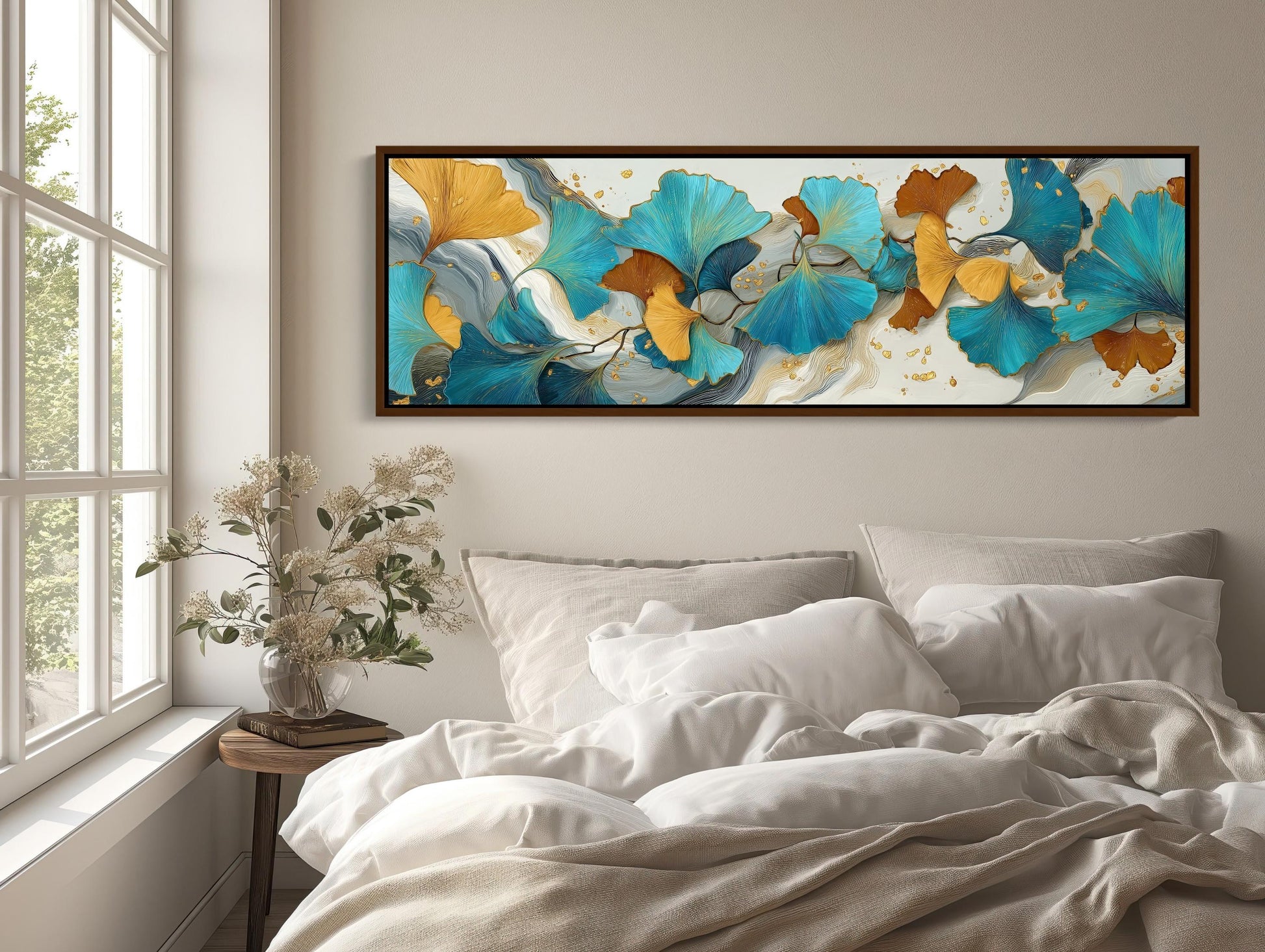 Ginkgo Leaf Abstract Canvas Wall Art Extra Large Panoramic Horizontal Botanical Print For Elegant Contemporary Room Decor Wall Art – Canvas Print