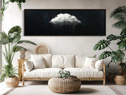 White cloud canvas art panoramic extra large long horizontal rain cloud painting modern minimal wall decor for bedroom or office space Wall Art – Canvas Print