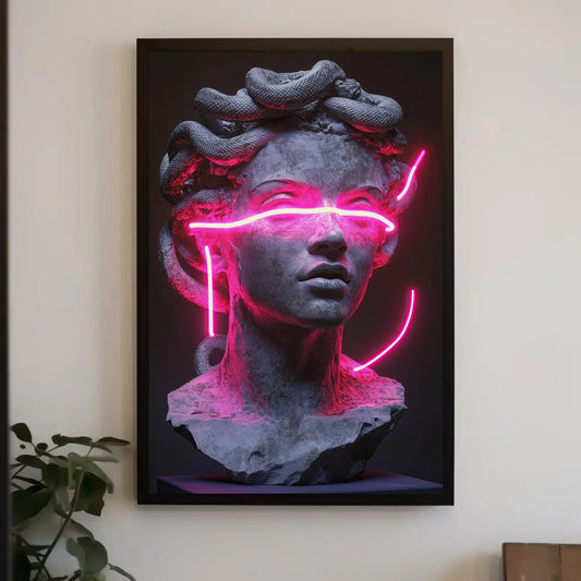 Neon Medusa Canvas Print, Extra Large Cyberpunk Greek Statue Wall Art, Modern Pink Neon Decor for Studio, Bedroom, Alternative Gallery Space Wall Art – Canvas Print