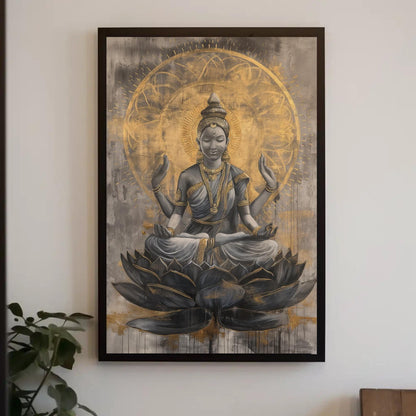 Hindu Goddess Lakshmi on Lotus Gold Painting Canvas - Divine Indian Wall Art - Framed Lakshmi Decor for Home and Office, Ready to Hang Wall Art – Canvas Print
