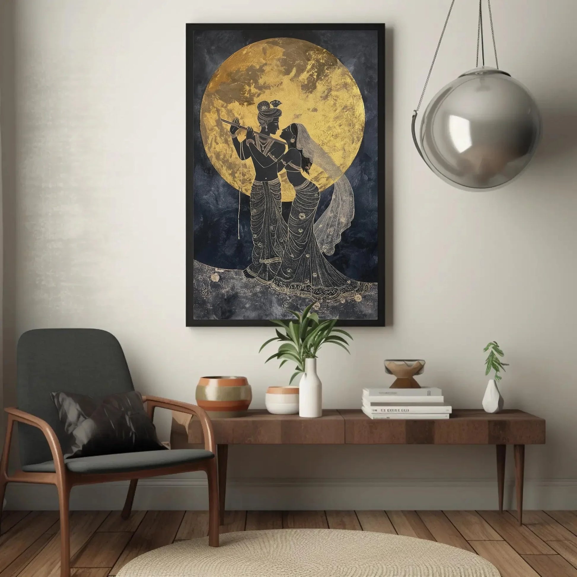 Radha Krishna Under Golden Moon Canvas Painting Print, Hindu Spiritual Wall Decor, Lord Krishna Indian God Artwork for Home, Ready to Hang Wall Art – Canvas Print