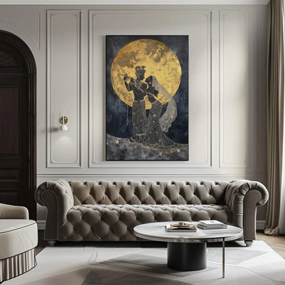 Radha Krishna Under Golden Moon Canvas Painting Print, Hindu Spiritual Wall Decor, Lord Krishna Indian God Artwork for Home, Ready to Hang Wall Art – Canvas Print