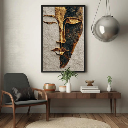 Gold Foil Line Art Print, Minimalist Face Abstract, Boho Chic Wall Decor, Textured Paper Artwork, Modern Elegant Portrait, Unique Gift Idea Wall Art – Canvas Print