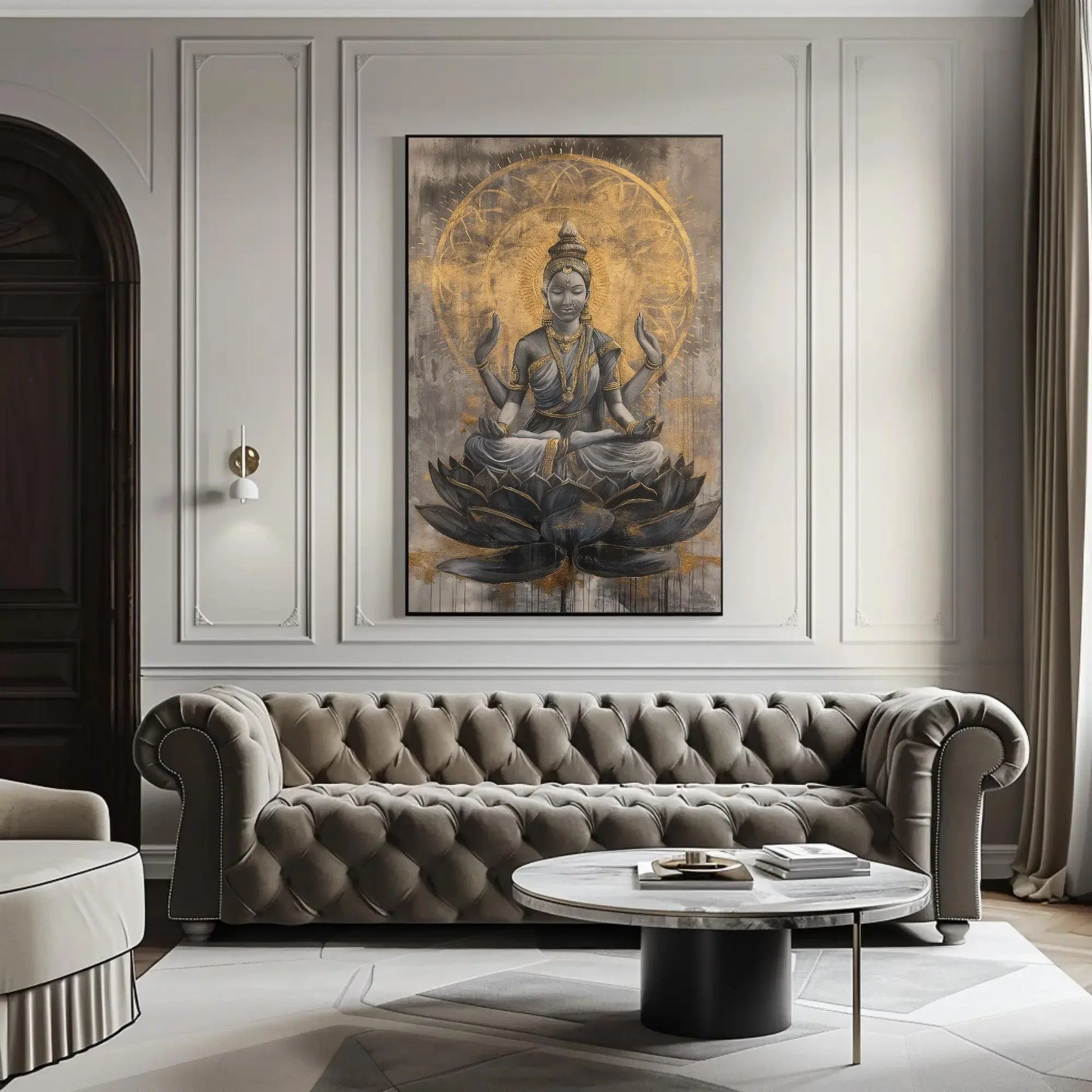 Hindu Goddess Lakshmi on Lotus Gold Painting Canvas - Divine Indian Wall Art - Framed Lakshmi Decor for Home and Office, Ready to Hang Wall Art – Canvas Print