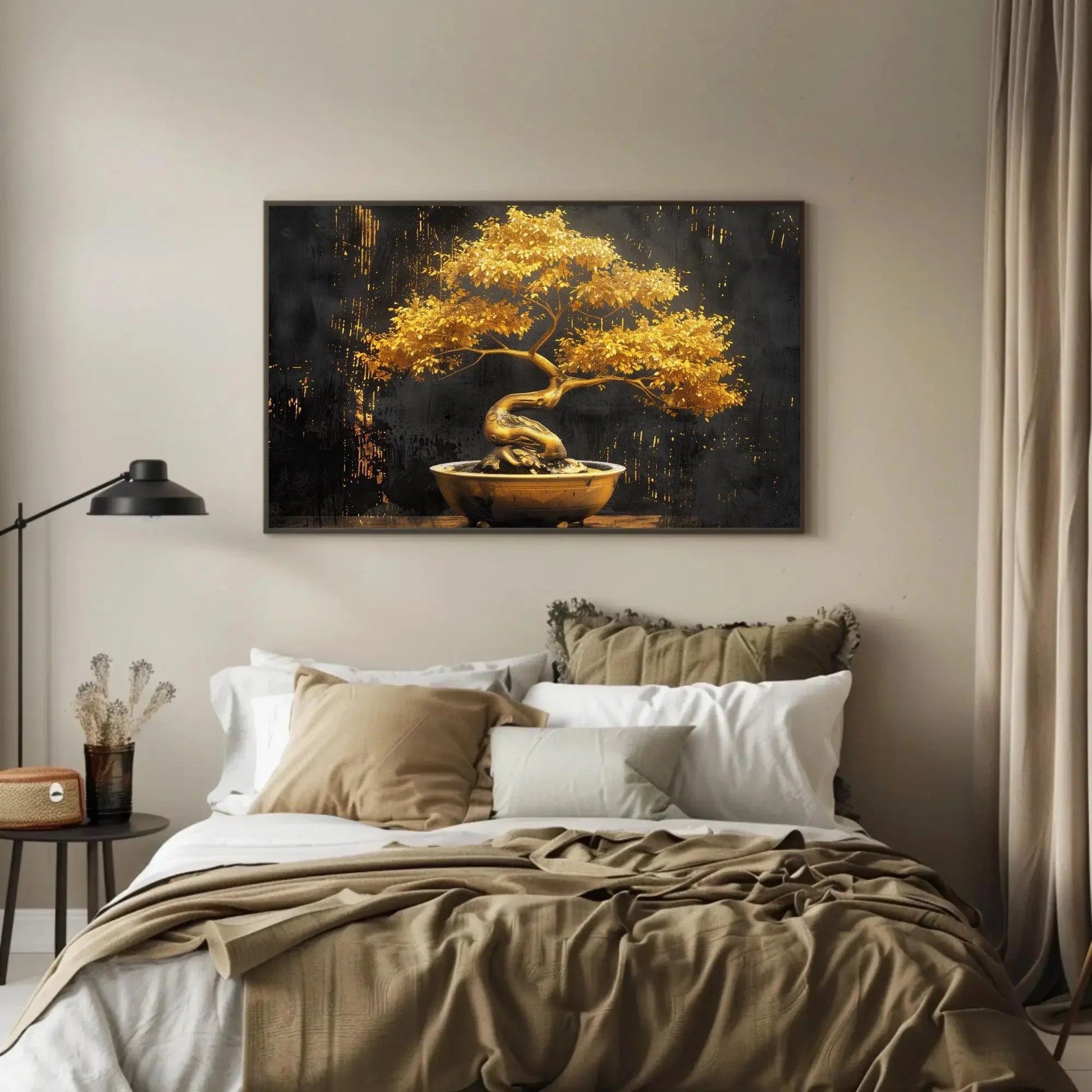 Golden Bonsai Tree Canvas Print - Extra Large Luxurious Painting in Ceramic Pot - Elegant Zen Wall Art for Modern Home, Spa, or Office Decor Wall Art – Canvas Print