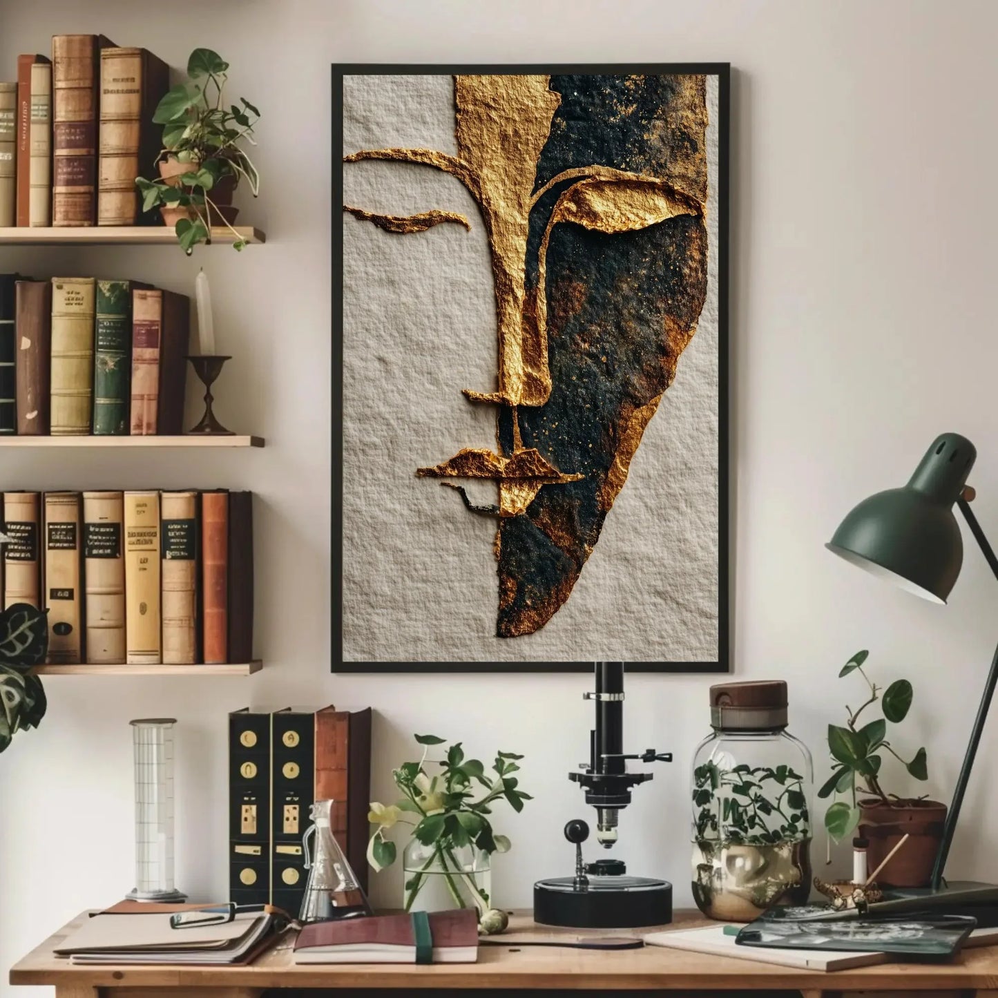 Gold Foil Line Art Print, Minimalist Face Abstract, Boho Chic Wall Decor, Textured Paper Artwork, Modern Elegant Portrait, Unique Gift Idea Wall Art – Canvas Print