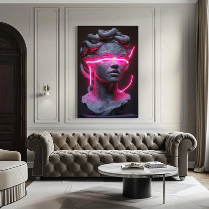 Neon Medusa Canvas Print, Extra Large Cyberpunk Greek Statue Wall Art, Modern Pink Neon Decor for Studio, Bedroom, Alternative Gallery Space Wall Art – Canvas Print