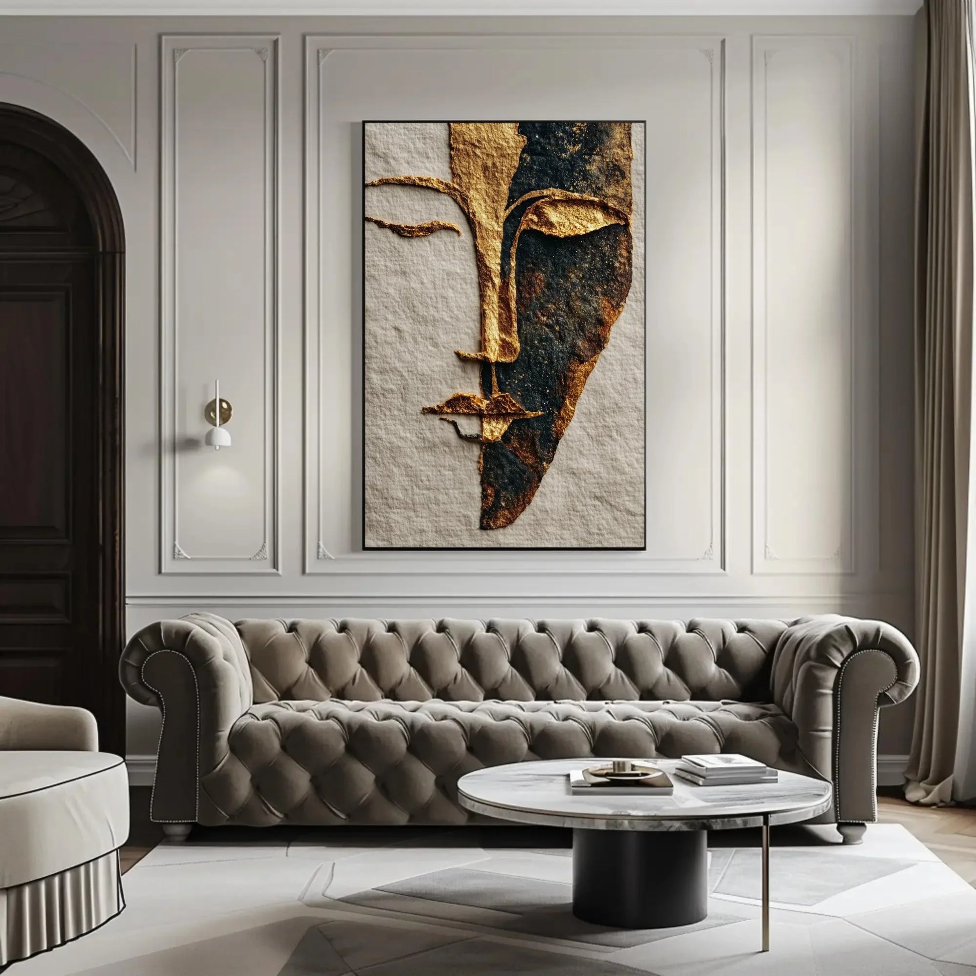 Gold Foil Line Art Print, Minimalist Face Abstract, Boho Chic Wall Decor, Textured Paper Artwork, Modern Elegant Portrait, Unique Gift Idea Wall Art – Canvas Print