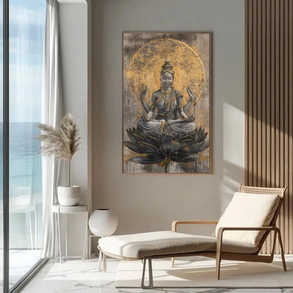 Hindu Goddess Lakshmi on Lotus Gold Painting Canvas - Divine Indian Wall Art - Framed Lakshmi Decor for Home and Office, Ready to Hang Wall Art – Canvas Print