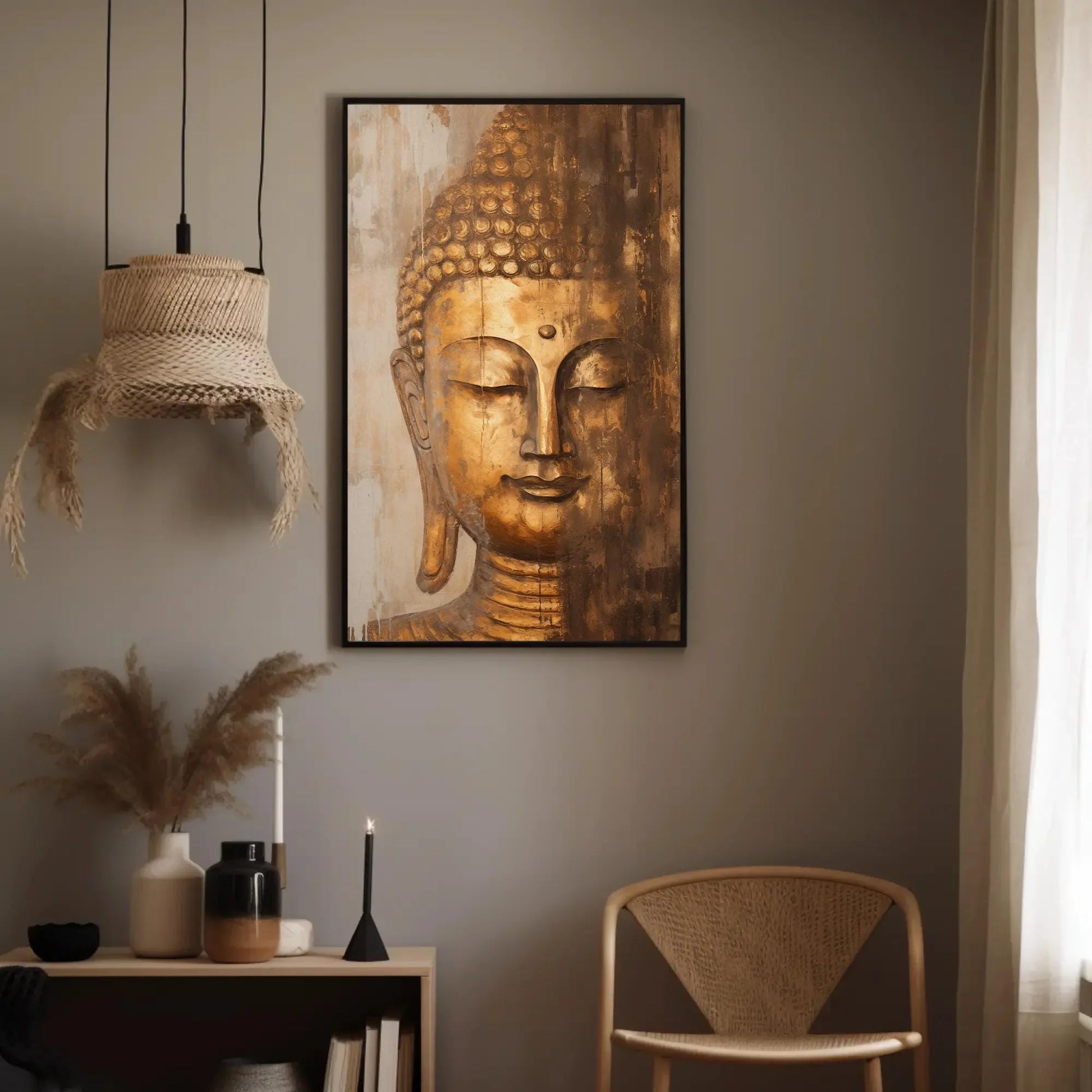 Gold Bronze Buddha Head Wall Art, Abstract Canvas Painting, Framed Print, Indian Spiritual Decor, Indian Decor, Living Room, Bedroom, Office Wall Art – Canvas Print