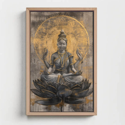 Hindu Goddess Lakshmi on Lotus Gold Painting Canvas - Divine Indian Wall Art - Framed Lakshmi Decor for Home and Office, Ready to Hang Wall Art – Canvas Print