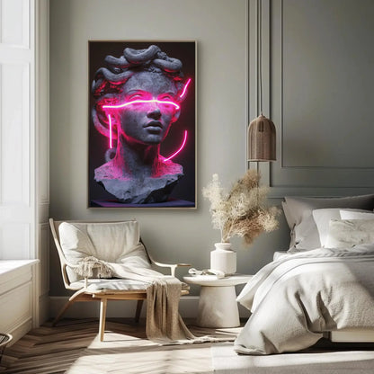 Neon Medusa Canvas Print, Extra Large Cyberpunk Greek Statue Wall Art, Modern Pink Neon Decor for Studio, Bedroom, Alternative Gallery Space Wall Art – Canvas Print
