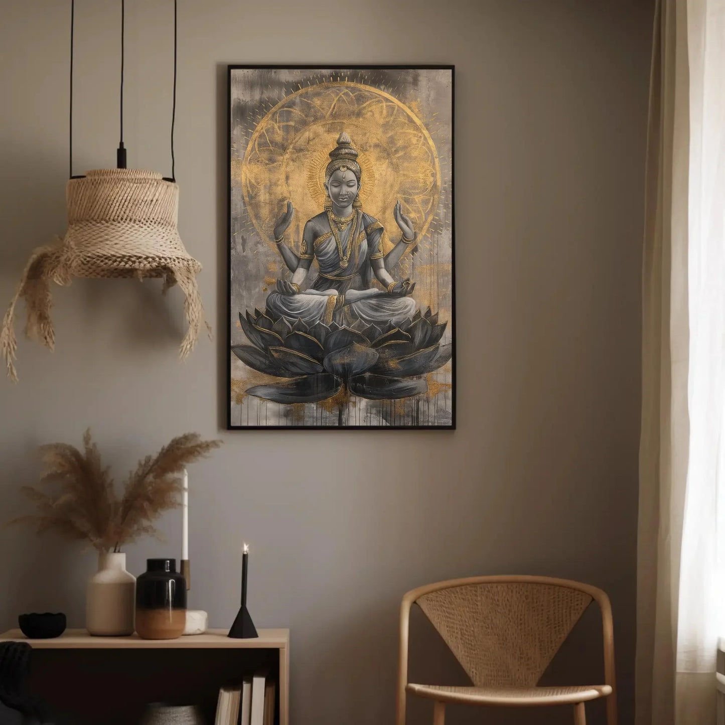 Hindu Goddess Lakshmi on Lotus Gold Painting Canvas - Divine Indian Wall Art - Framed Lakshmi Decor for Home and Office, Ready to Hang Wall Art – Canvas Print