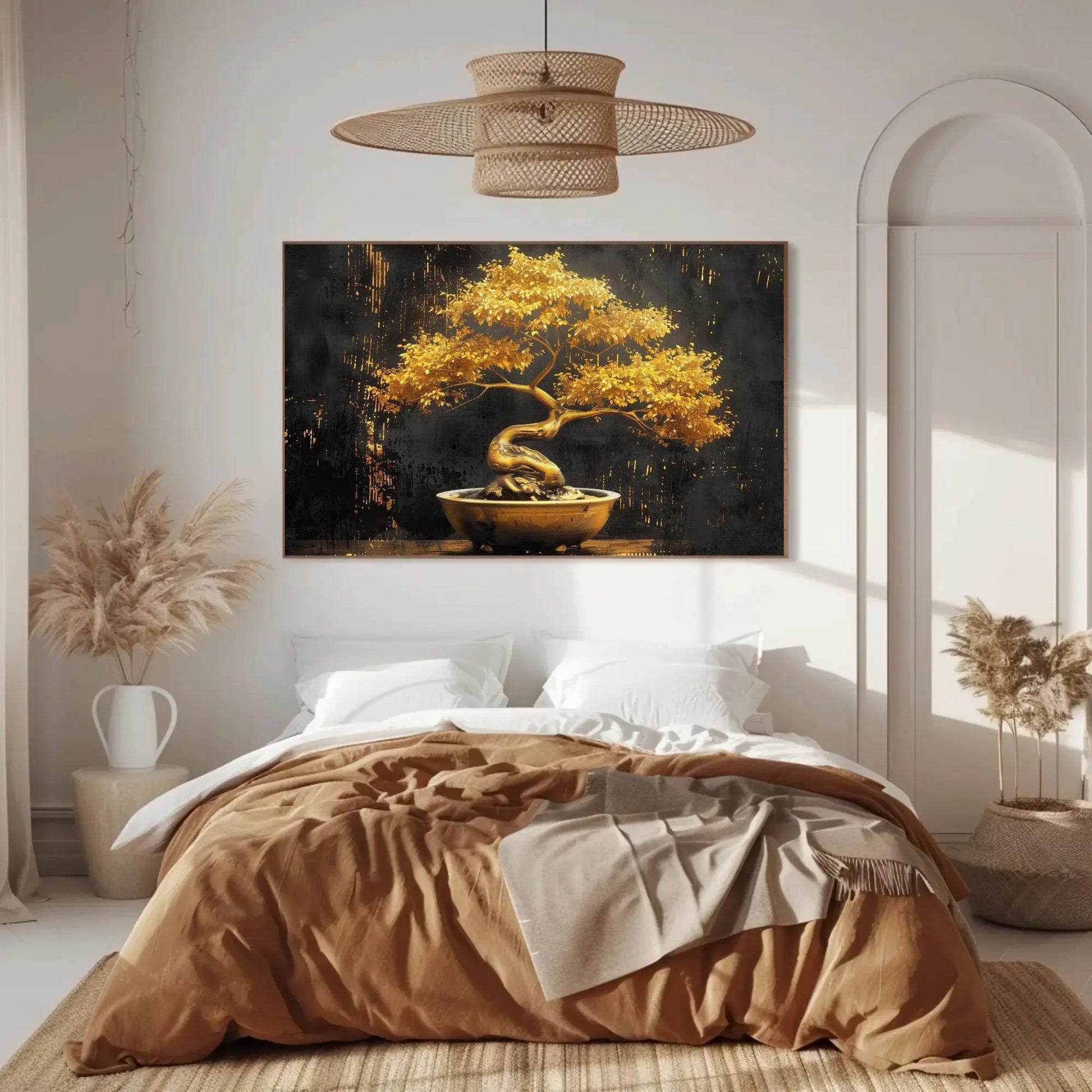 Golden Bonsai Tree Canvas Print - Extra Large Luxurious Painting in Ceramic Pot - Elegant Zen Wall Art for Modern Home, Spa, or Office Decor Wall Art – Canvas Print