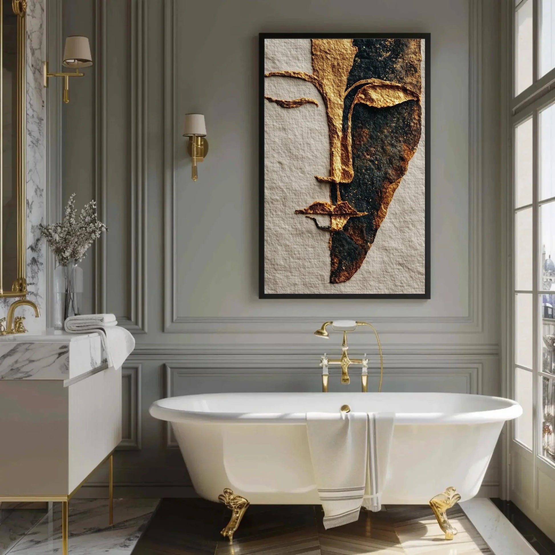 Gold Foil Line Art Print, Minimalist Face Abstract, Boho Chic Wall Decor, Textured Paper Artwork, Modern Elegant Portrait, Unique Gift Idea Wall Art – Canvas Print
