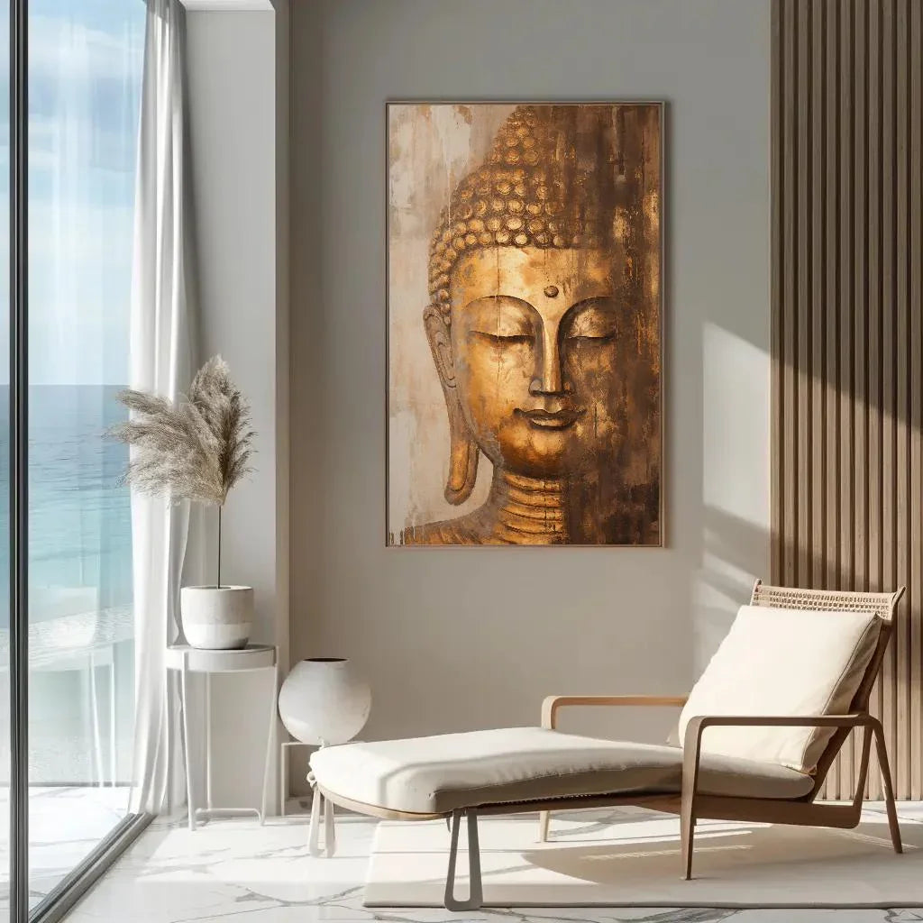 Gold Bronze Buddha Head Wall Art, Abstract Canvas Painting, Framed Print, Indian Spiritual Decor, Indian Decor, Living Room, Bedroom, Office Wall Art – Canvas Print