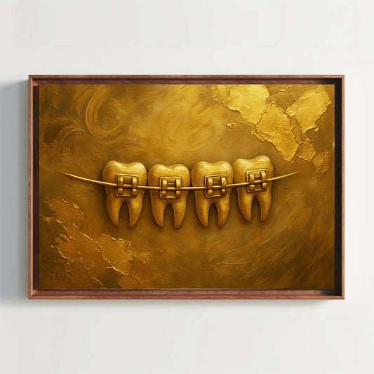 Gold Dental Art Print | Luxury Orthodontist Office Decor | Golden Teeth with Braces Canvas | Metallic 3D Textured Wall Art for Clinic Wall Art – Canvas Print